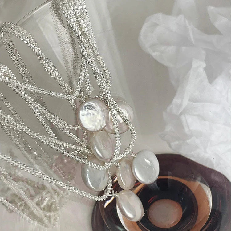 Elegant S925 Sterling Silver Baroque Pearl Necklace with starry sky chain design