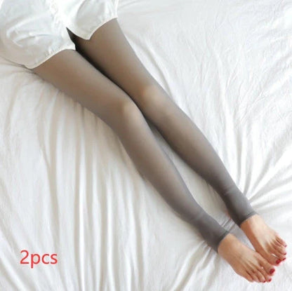 Cozy fleece-lined tights in various colors, featuring a unique translucent design and high-waisted fit for warmth and style.