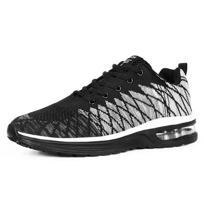 Casual Flyknit running shoes in multiple colours with mesh uppers and a round toe design.