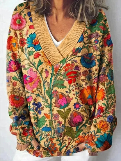 Women's V-neck sweatshirt with a detailed 3D floral pattern print in art retro style.