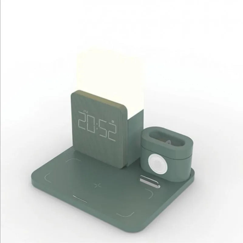 Dark green 3-in-1 Qi wireless charger stand charging a smartphone, smartwatch, and earbuds