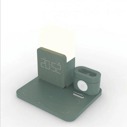 Dark green 3-in-1 Qi wireless charger stand charging a smartphone, smartwatch, and earbuds