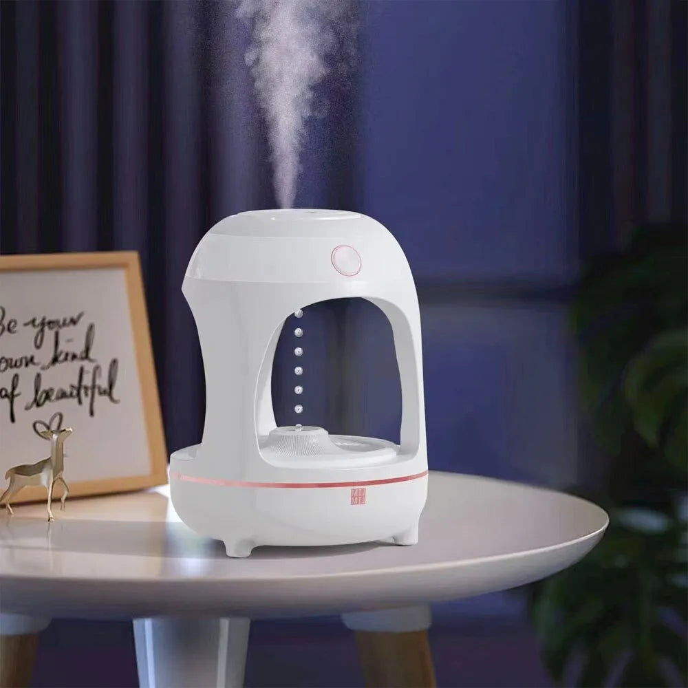 Anti gravity levitating water drops humidifier in columnar shape with LED night light and ultrasonic mist output