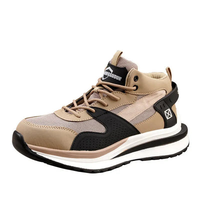 Low-top lace-up safety work shoes with a steel toe cap and anti-penetration rubber sole in black, brown, or grey.