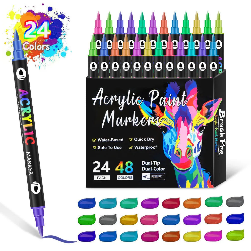 Set of double-ended acrylic marker pens showing fine tip and broad chisel tip on each pen.