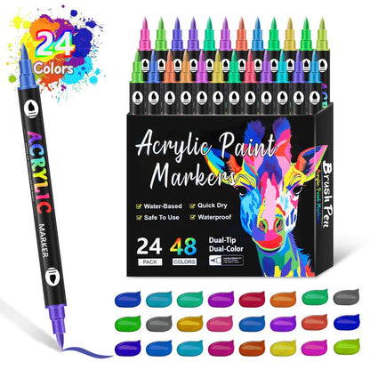 Set of double-ended acrylic marker pens showing fine tip and broad chisel tip on each pen.