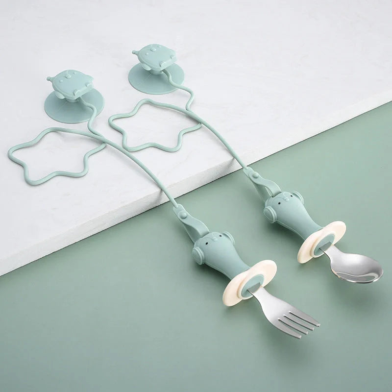 Infant stainless steel training spoon and fork set with silicone anti-drop chain and suction cup