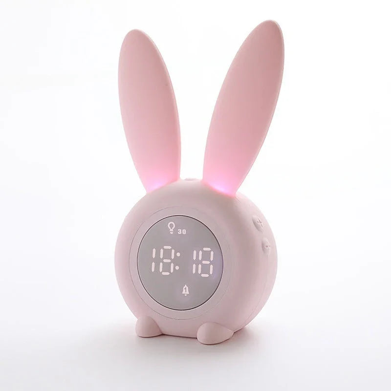 Adorable bunny-eared digital alarm clock with LED display, sound control, and magnetic design