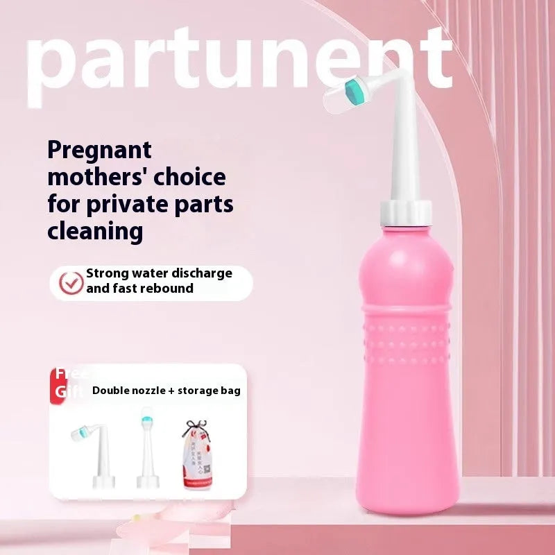 Pink female private parts cleaning device with dual nozzle head and storage bag