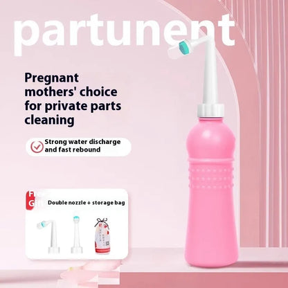 Pink female private parts cleaning device with dual nozzle head and storage bag