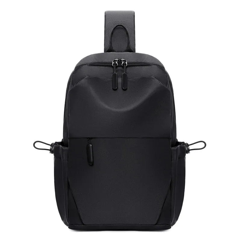 Men's waterproof messenger bag in grey showing front pocket and adjustable shoulder strap