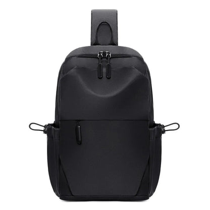 Men's waterproof messenger bag in grey showing front pocket and adjustable shoulder strap