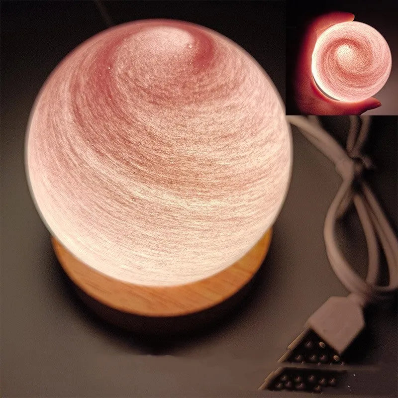 Planet night light with USB cable and base, showing 80mm model and three-colour dimming options