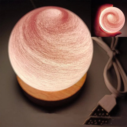 Planet night light with USB cable and base, showing 80mm model and three-colour dimming options
