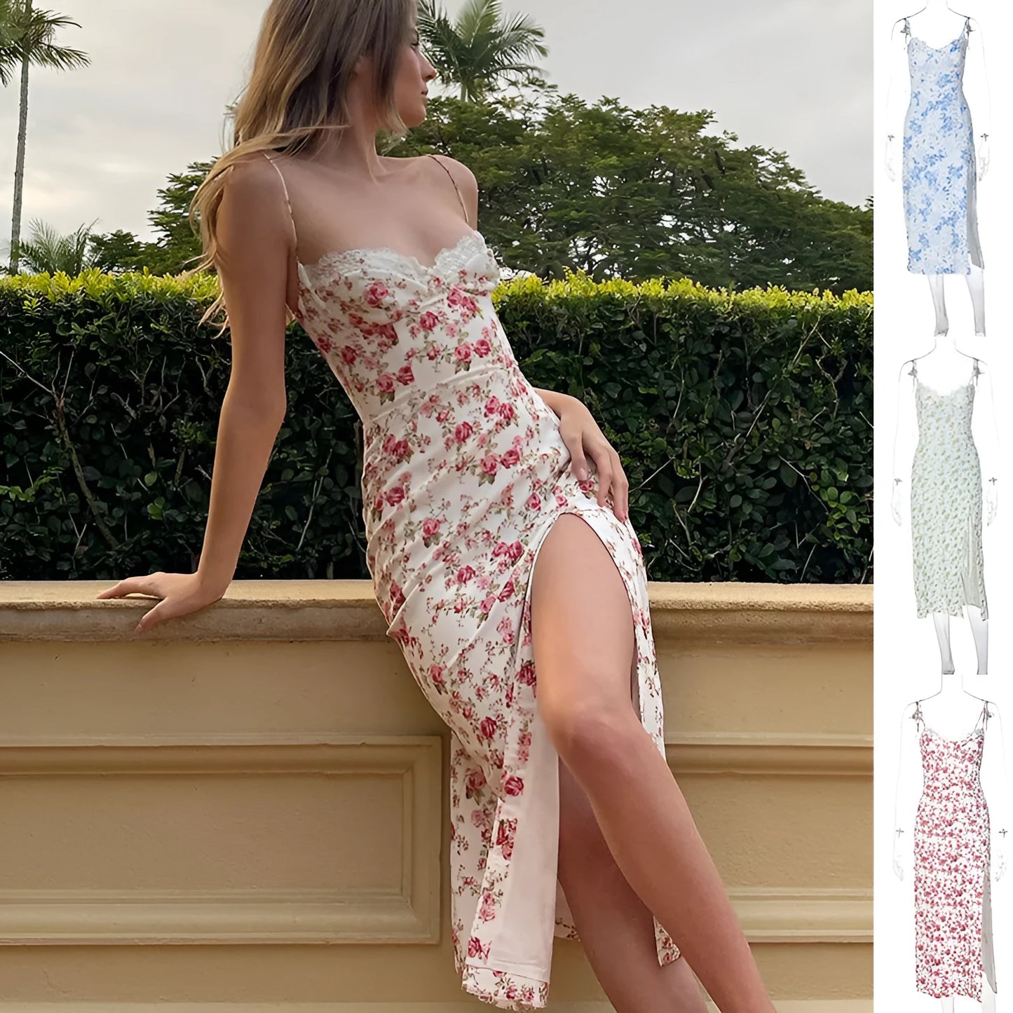 Women's long summer dress with lace flowers print, slit, and suspender straps in polyester fibre