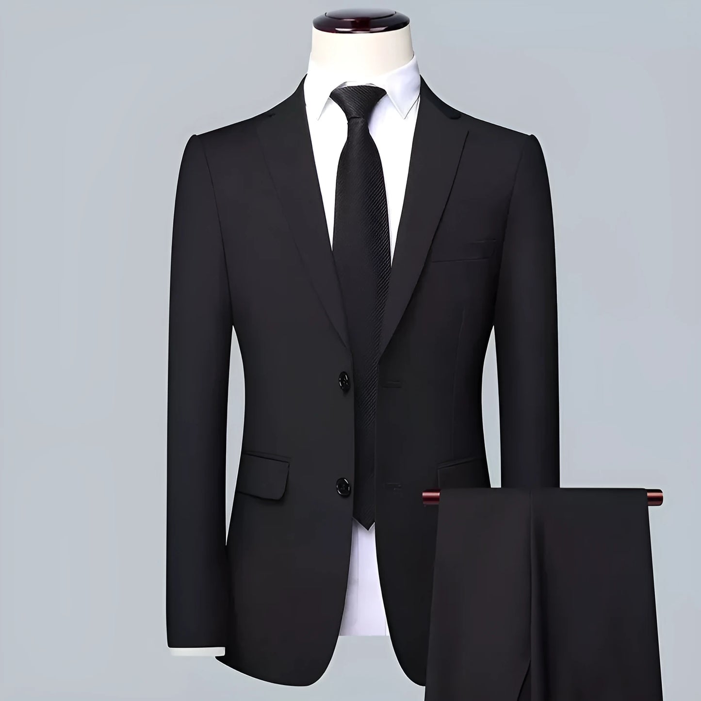 Men's Korean-style slim fit three-piece business suit in chemical fibre blend with tie