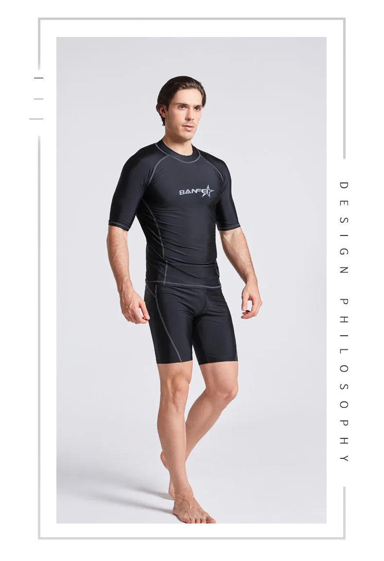Men's quick-dry swimsuit set with swim top and pants for snorkelling and surfing activities