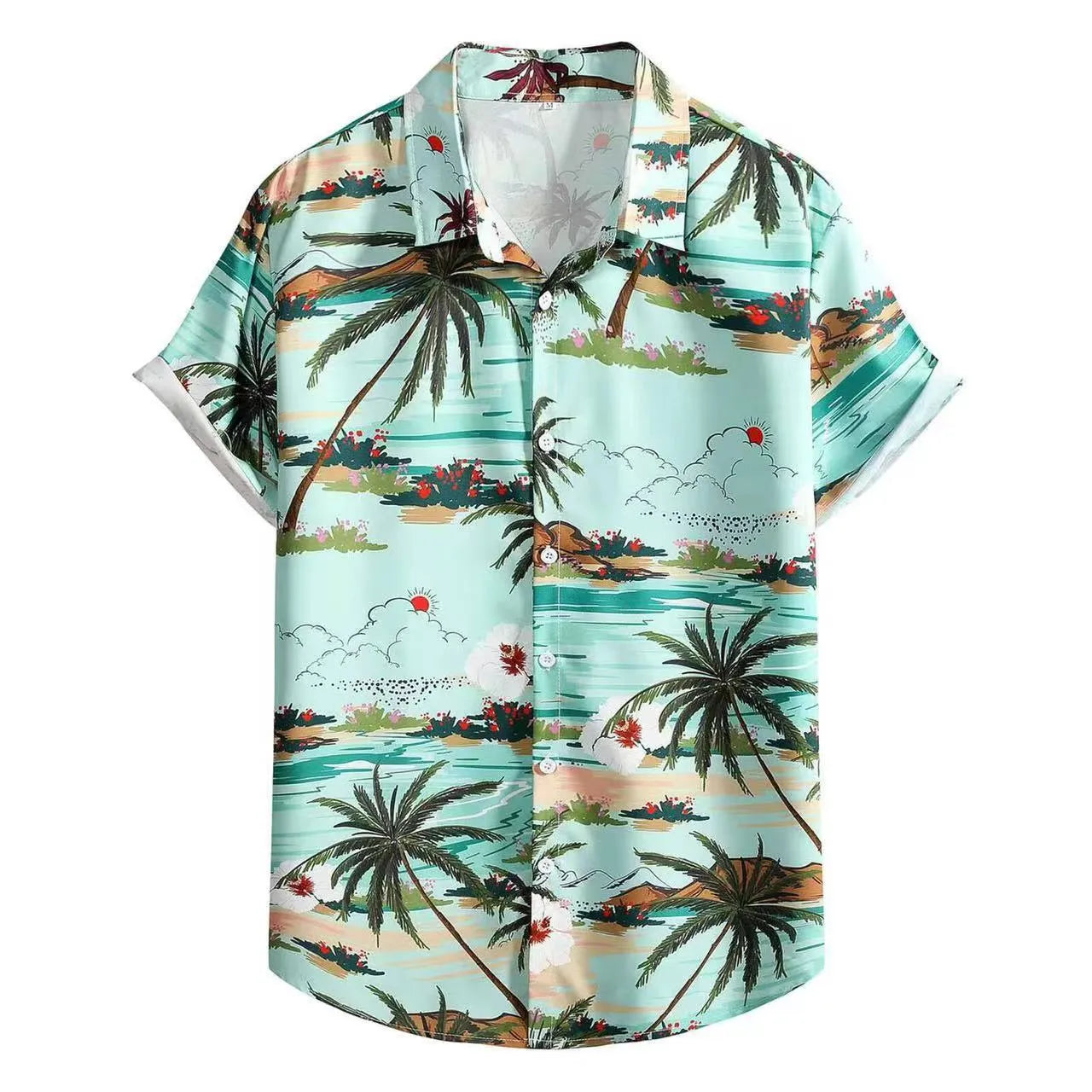 Men's short-sleeved Hawaiian shirt with a colourful 3D printed pattern.