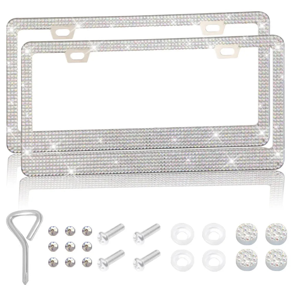 Stainless steel license plate frame with square holes for applying coloured acrylic diamond crystals.