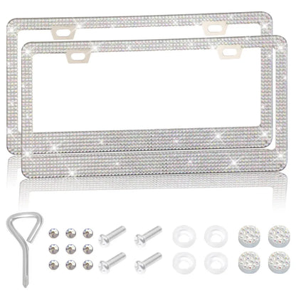 Stainless steel license plate frame with square holes for applying coloured acrylic diamond crystals.