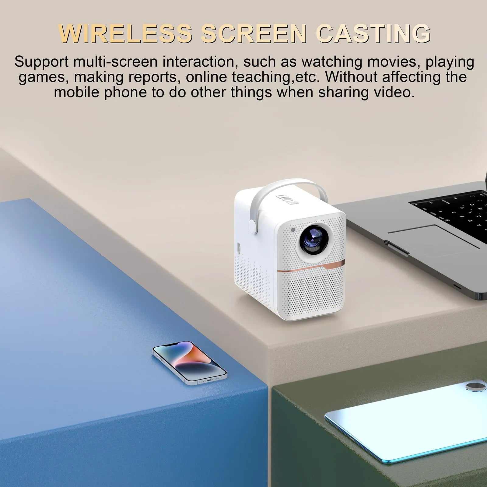 Black P10 2023 mini portable LCD projector with Android OS on a wooden table.