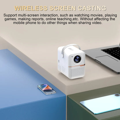 Black P10 2023 mini portable LCD projector with Android OS on a wooden table.