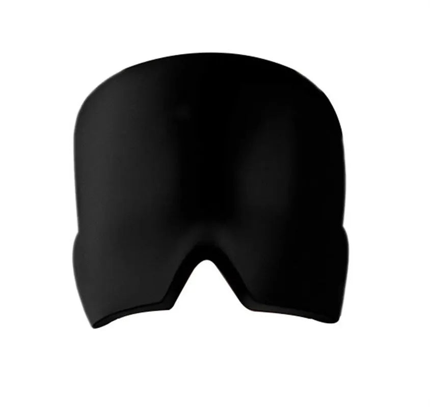 Black elastic cloth gel cold compress eye mask for headache relief on a grey background.