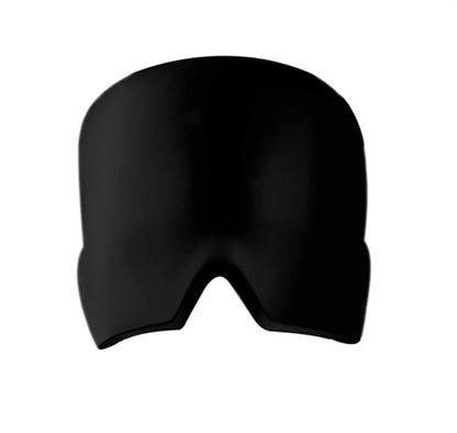 Black elastic cloth gel cold compress eye mask for headache relief on a grey background.