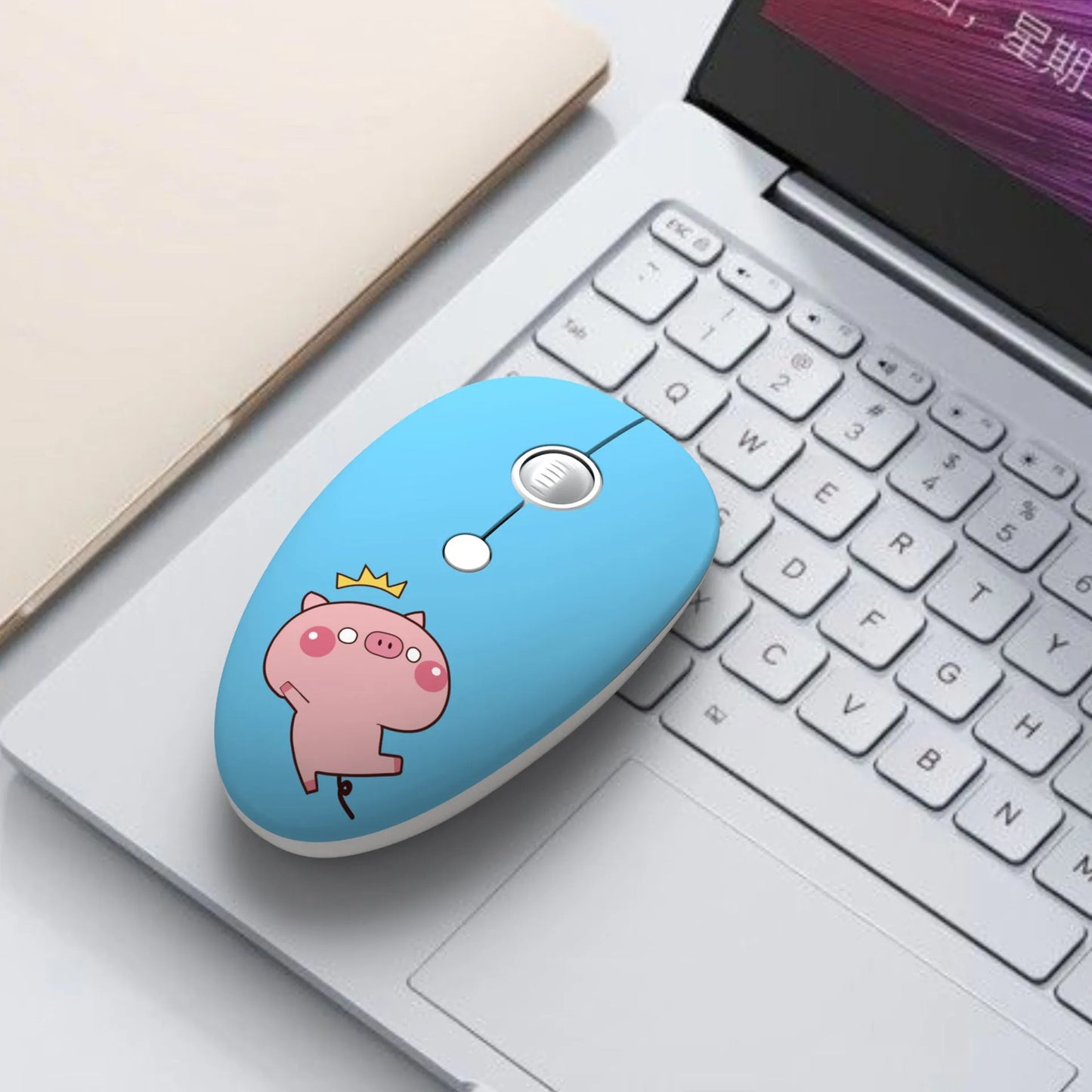 Wireless cartoon animal mini mouse showing compact dimensions and colourful design options including yellow tiger and blue rabbit variations