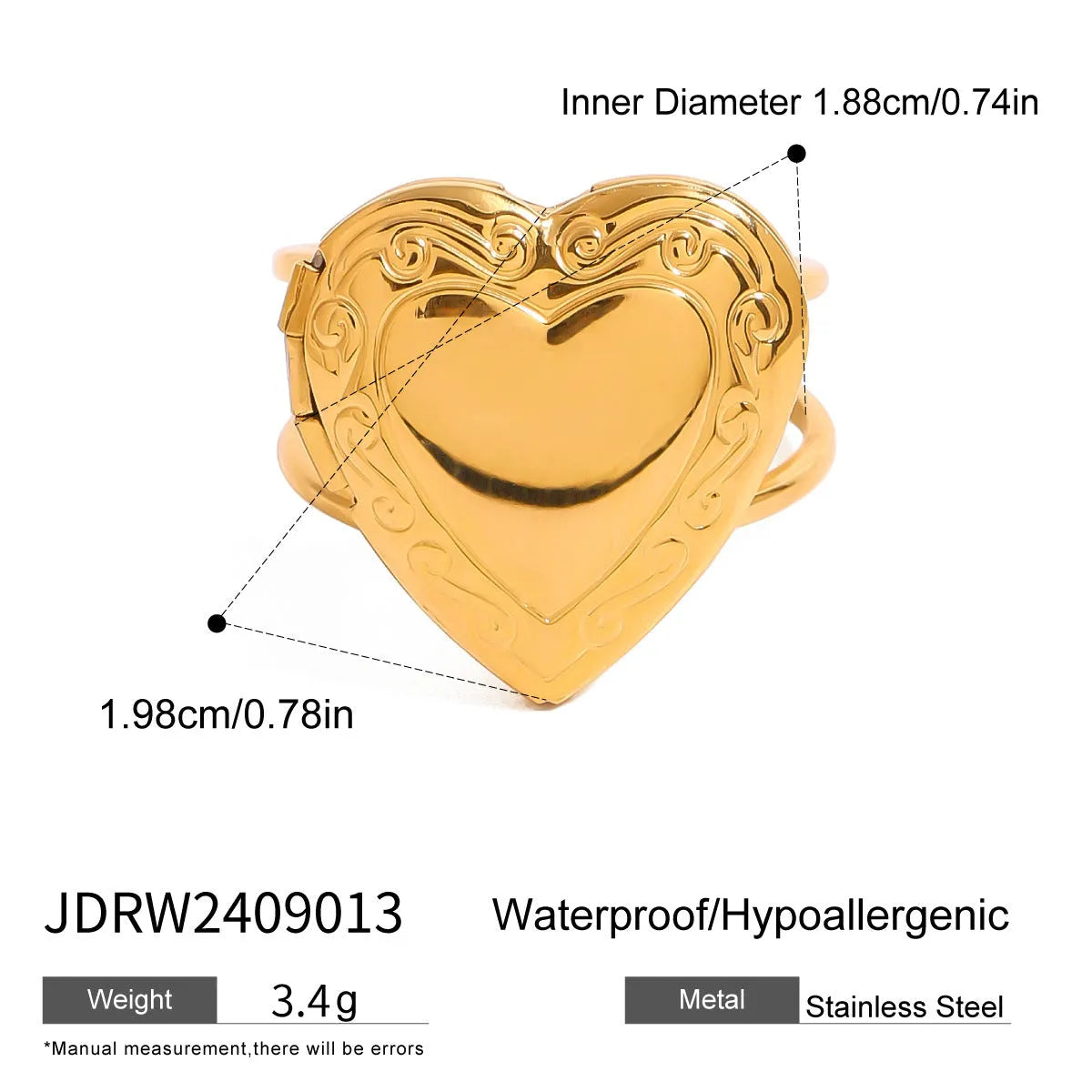 Stainless steel love heart-shaped ring for women with electroplated finish, shown as a single ring