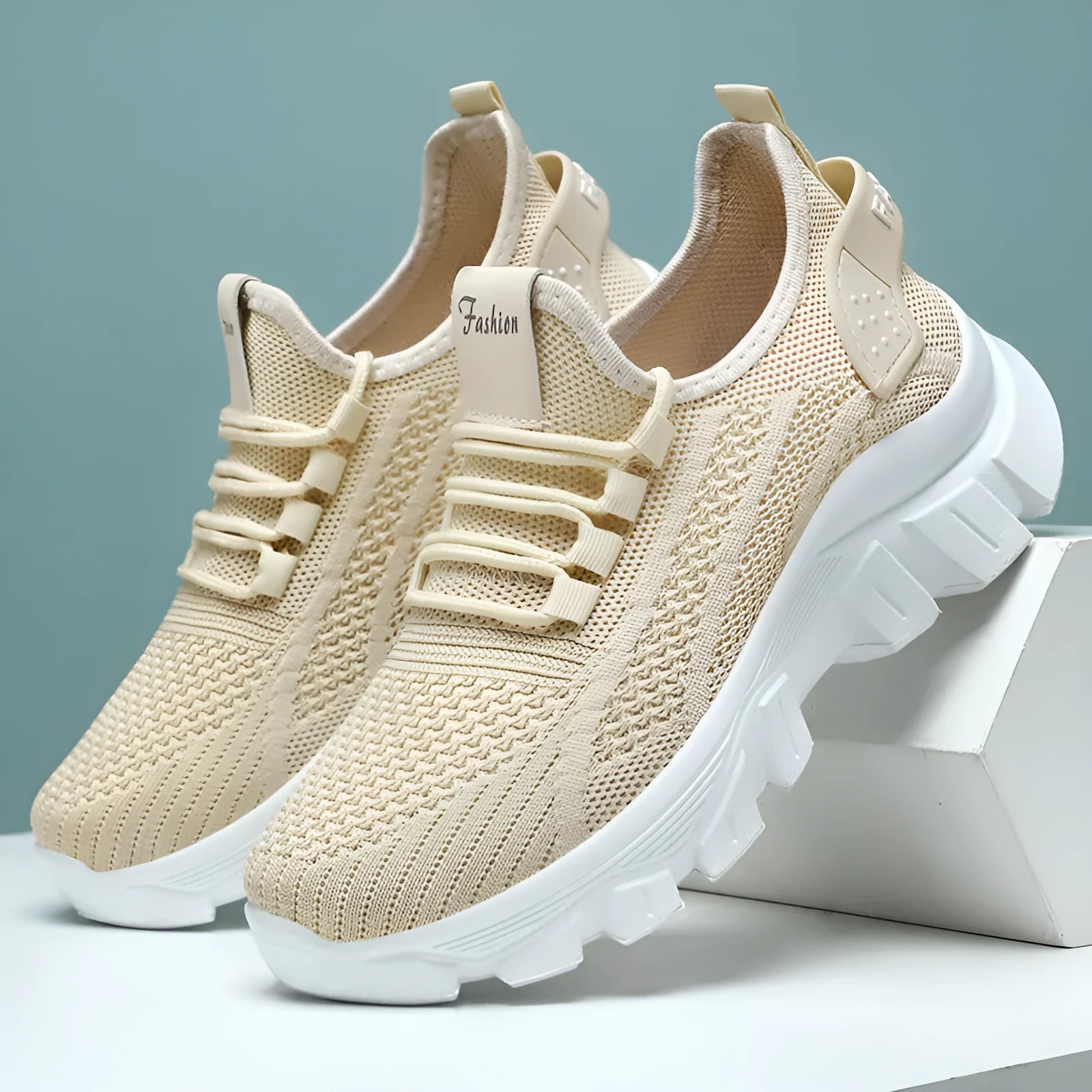 Women's Flyknit running sneakers with PVC sole in white, pink, beige, or black