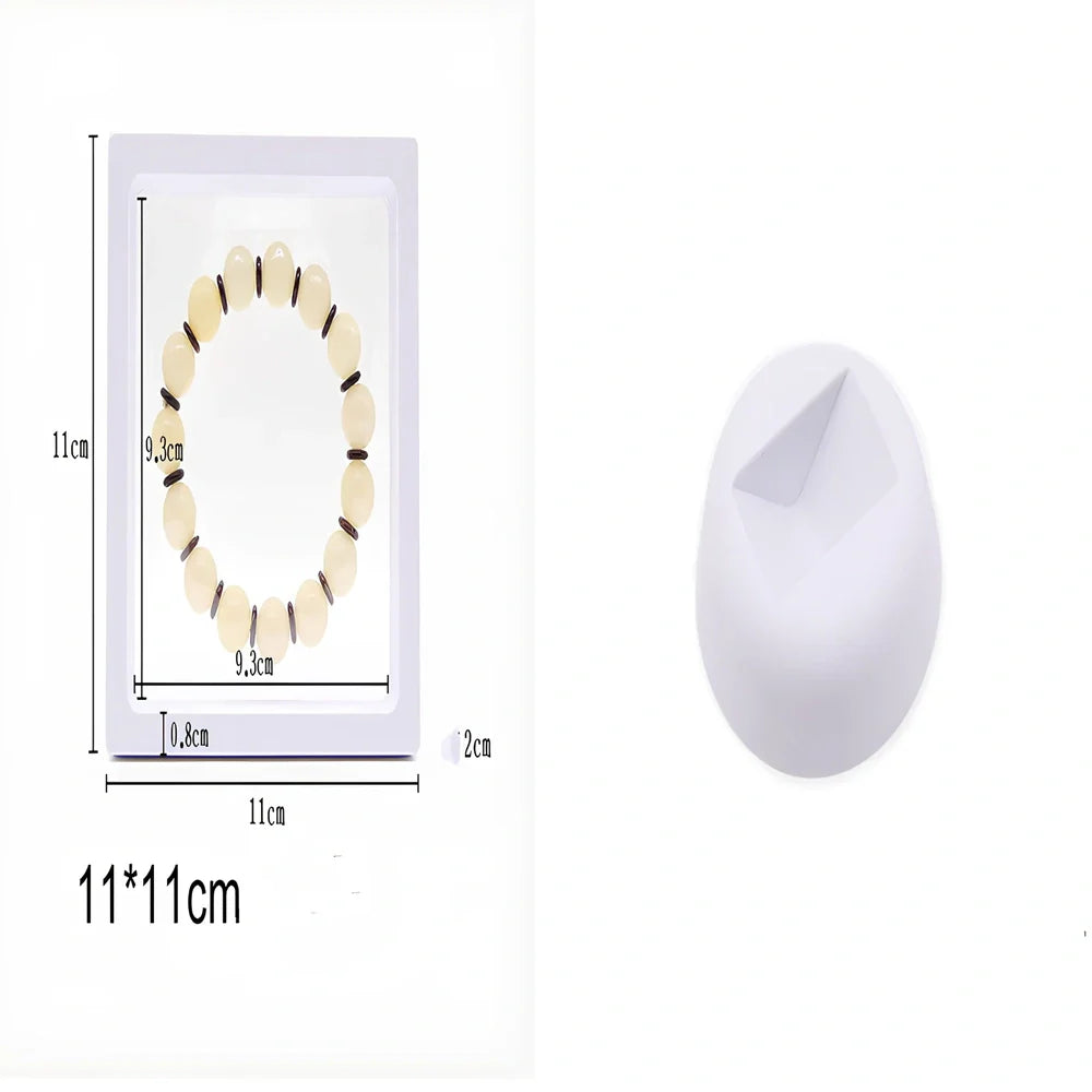 Black 11x11cm suspended 3D floating display frame holding a coin, with square base for stable collectible showcase