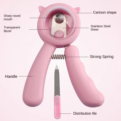 Blue pet nail clipper with stainless steel sickle blade and safety guard for trimming dog or cat claws.