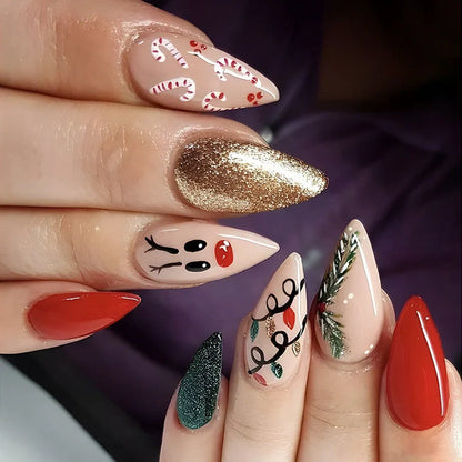 24pcs Christmas false nails with hat striped snowflake design for festive holiday wear