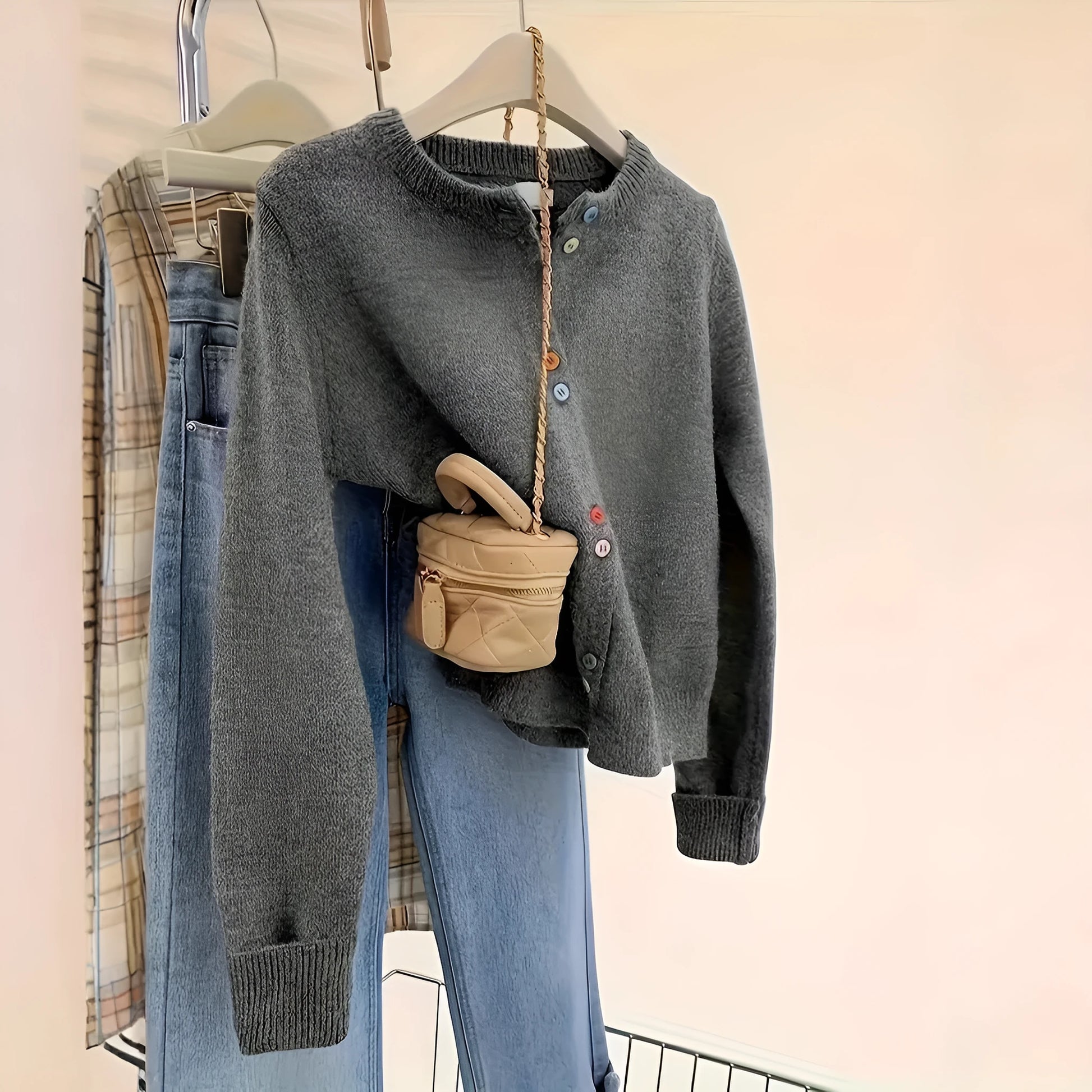 Dark grey women's polyester cardigan with button front and long sleeves