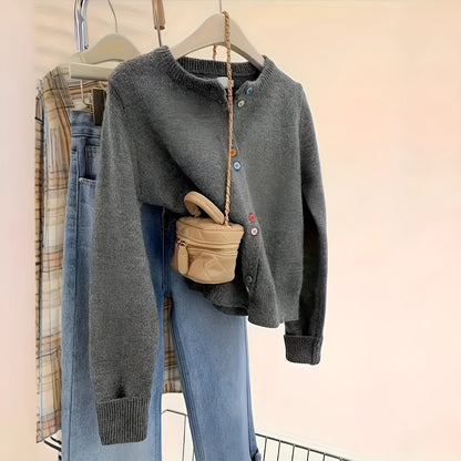 Dark grey women's polyester cardigan with button front and long sleeves
