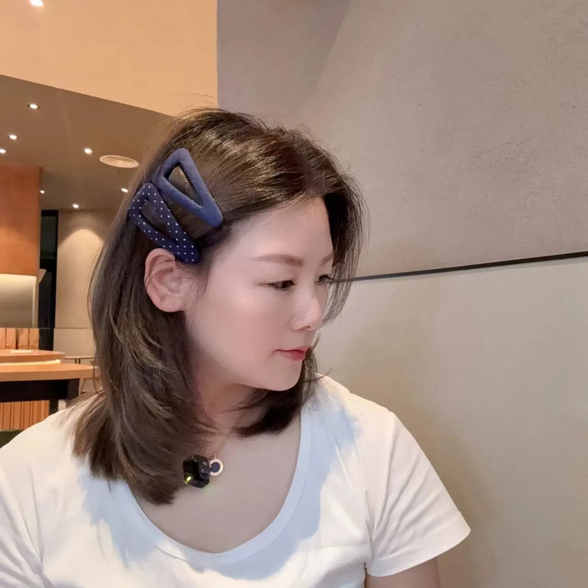 French retro style barrettes in dark denim and polka dot triangle or water drop designs for women