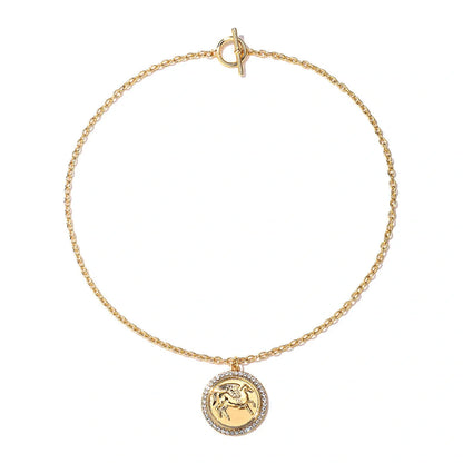 Exquisite Pegasus coin necklace and earrings set in an antique-inspired design, showcasing intricate relief carvings of the mythical winged horse from ancient Greek legend.