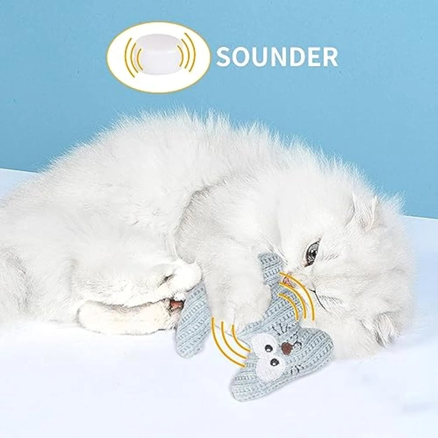 Cyan knitted plush cat toy with rope ends, shown next to a light coffee coloured version.