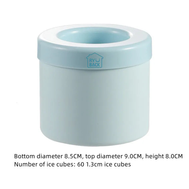Blue-green silicone ice bucket mould with lid showing 9cm diameter and 8cm height dimensions