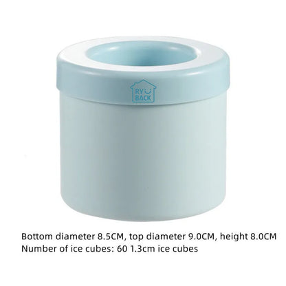 Blue-green silicone ice bucket mould with lid showing 9cm diameter and 8cm height dimensions