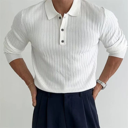 Stylish slim-fit men's knitted polo shirt in various colors, featuring a lapel button design for added sophistication