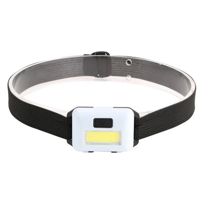 Outdoor mini COB LED headlight in blue, black, or red with polyester webbing belt, showing 3W bulb and compact design