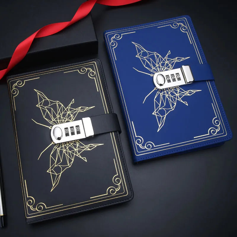 Retro PU notebook with password lock, butterfly codebook design, 15 x 22 cm cover, available in four colours