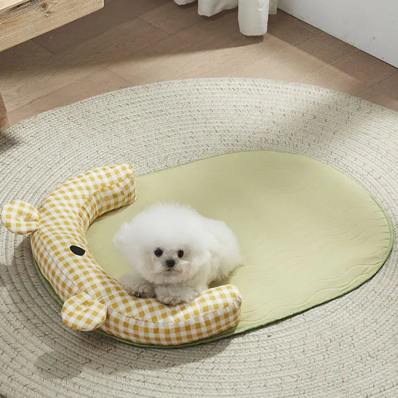 Green and yellow four-season cooling dog mat with waterproof underside in four sizes for small to medium pets