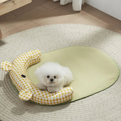 Green and yellow four-season cooling dog mat with waterproof underside in four sizes for small to medium pets