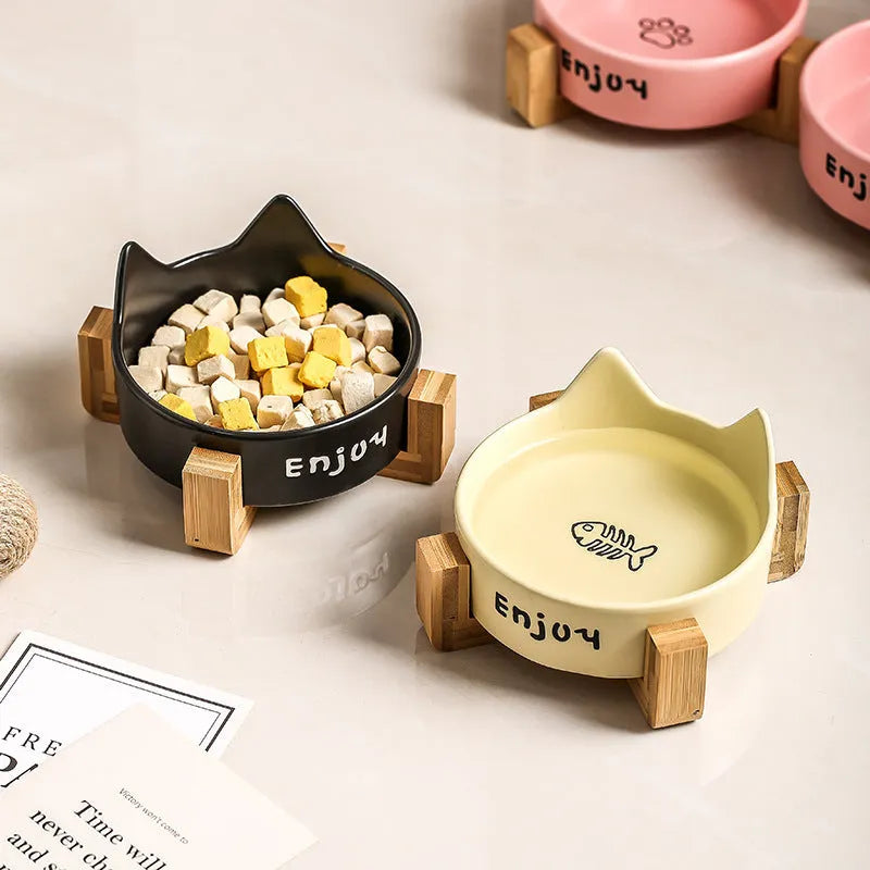 Porcelain cat bowl with cat ear design in 2-in-1 configuration for food and water