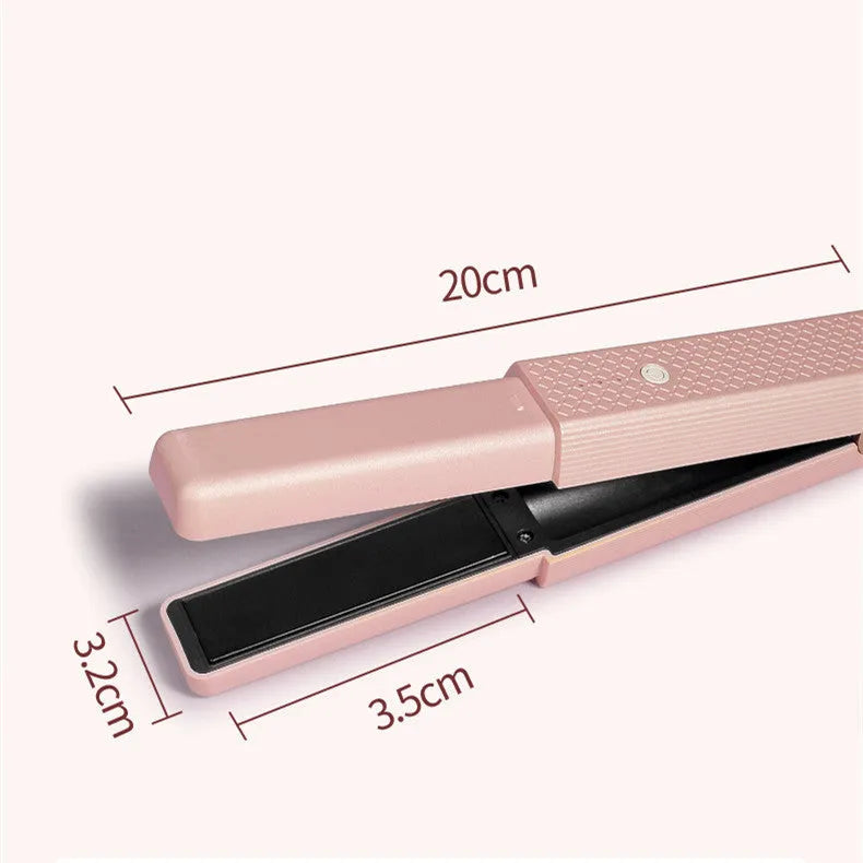 Pink and green cordless mini USB hair straightener and curler with ceramic plates.
