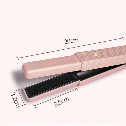 Pink and green cordless mini USB hair straightener and curler with ceramic plates.