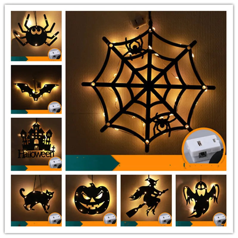 Halloween LED decorative lights with luminescent spider design showing eight colour options including bat, castle, black cat, pumpkin, wizard, ghost, spider, and spider web